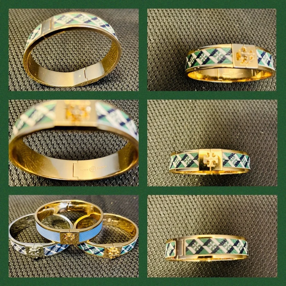 Tory Burch-1” Leather Inlay Hinge Bracelets in Blue/Green Tartan/ or Blue Tartan
